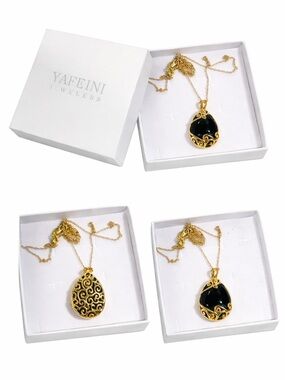 Yafeini Gold-Tone Black Teardrop Pendant Necklace — Elegant Filigree Accent